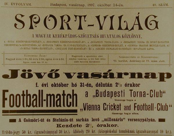 Une d'un journal hongrois en 1897, annonçant un match entre le Torna et le VCFC